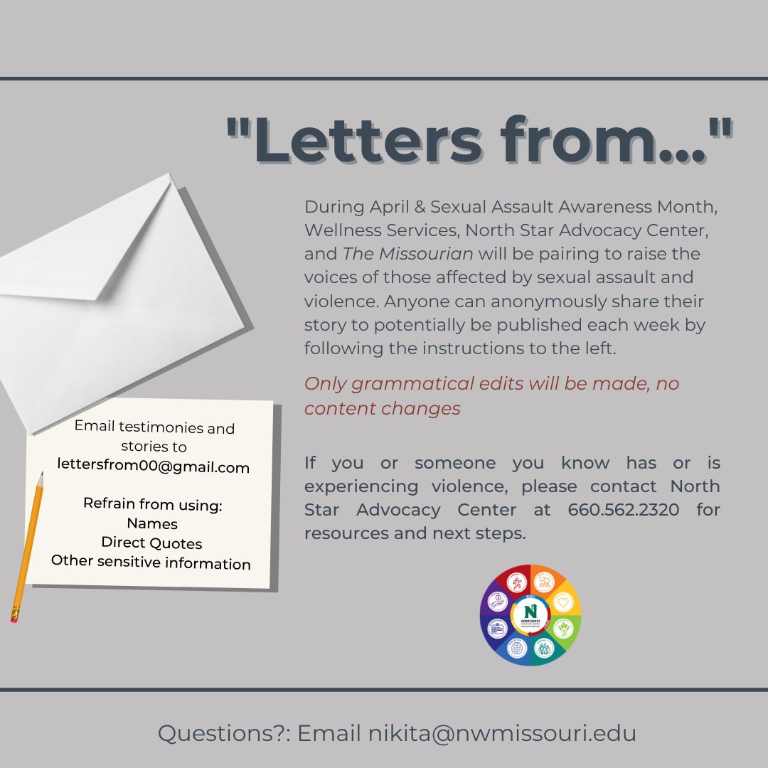 NW_Wellness's tweet photo. In honor of Sexual Assault Awareness Month we want to give a platform to raise the voices of those affected by sexual assault and violence. Anyone can anonymously submit their story. #lettersfrom #sexualassaultawarenessmonth @NWMOSTATE https://t.co/pGyd2Pt429