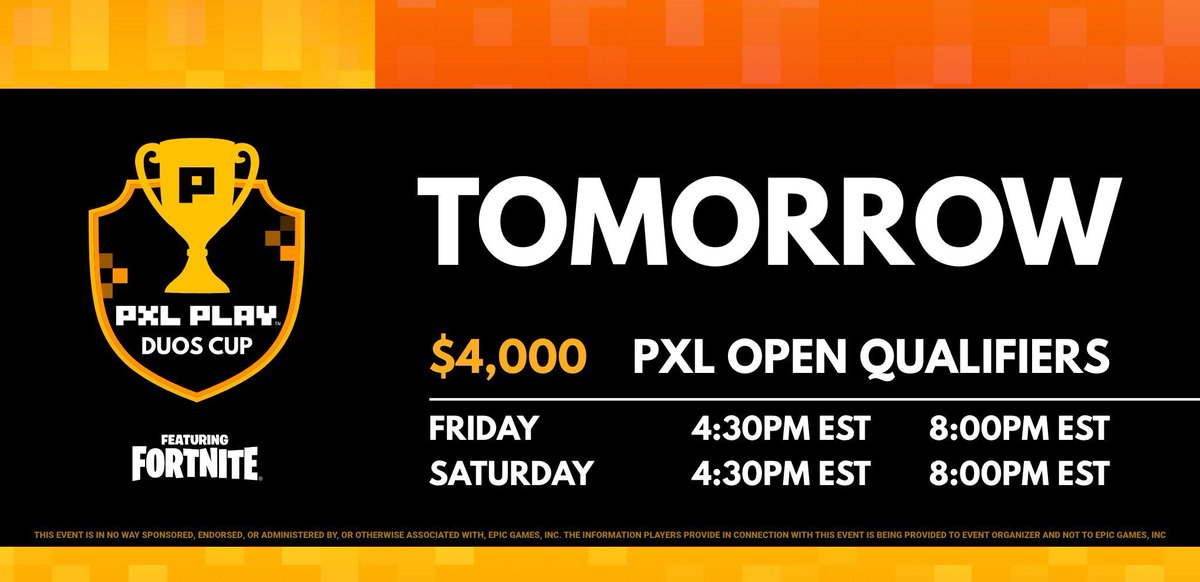 TOMORROW. $4K PXL PLAY CUP. 4:30PM EST.

Giving 20 people who retweet some cash, ends Saturday

Join here: rematch.gg/fn/scrim/q/RHW…