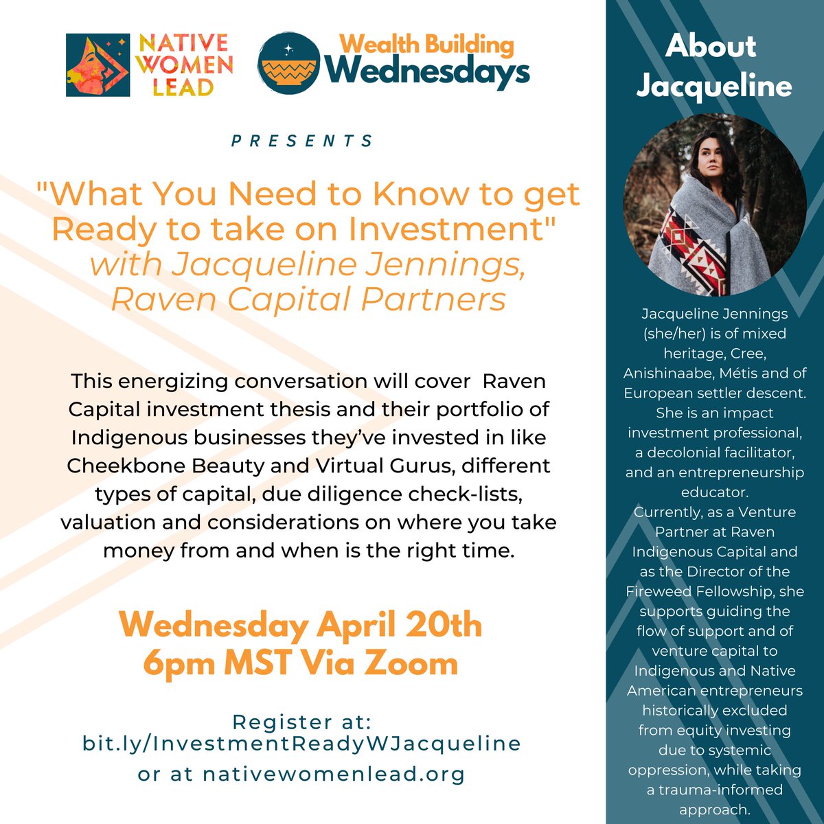 Let’s start planning for Investment so we can hire people, purchase material, or open a storefront for our businesses at this free #WealthBuildingWednesday workshop featuring our sister, Jacqueline Jennings Venture Partner <a href="/Raven_Capital/">Raven Indigenous Capital Partners</a> bit.ly/InvestmentRead…
