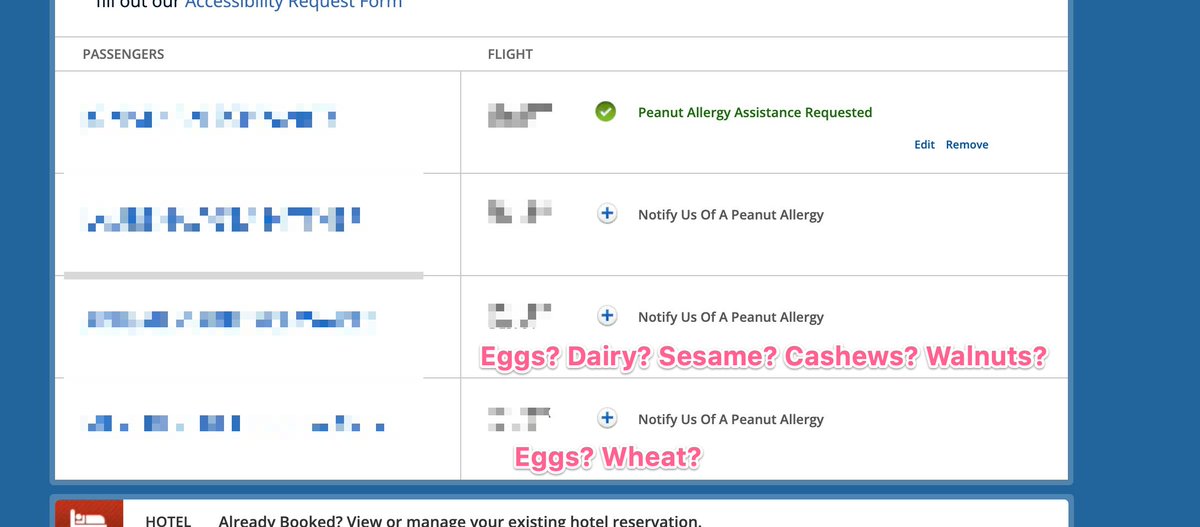 Can I vent real quick? Better #foodallergies observance by big companies is a great start, don't get me wrong. But we also can't forget that allergies do not just come down to a single ingredient. Here is a little modified version of my flight check-in screen.