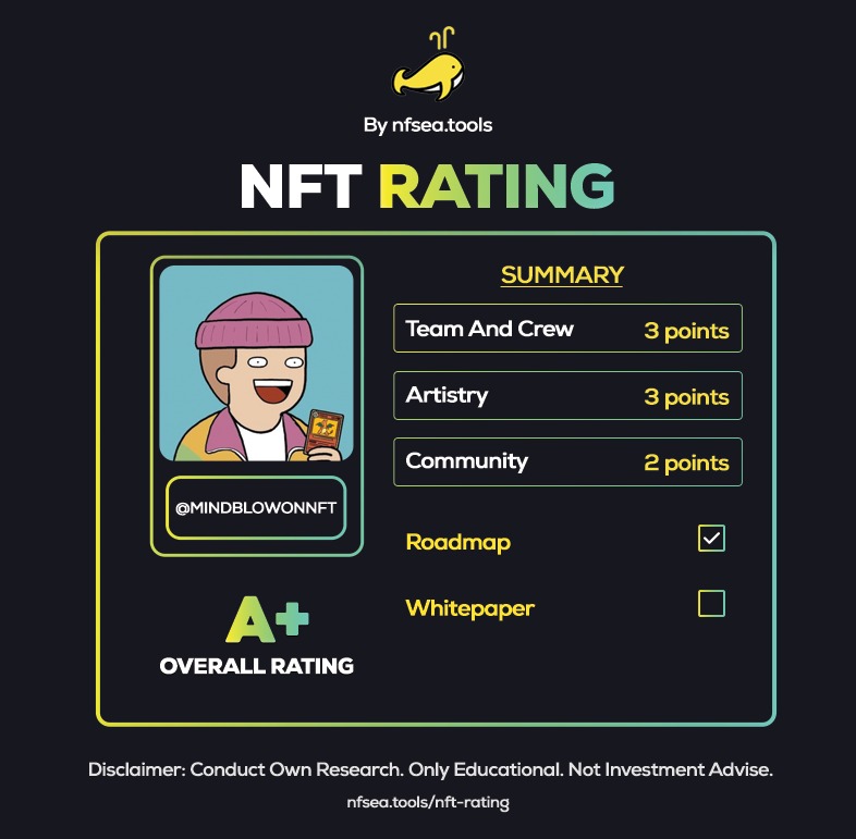 NfseaTools's tweet photo. We rated @MindblowonNFT A+ based on doxxed team, art, community and roadmap = a total of 9 points.

Have you explored this project?

What do you think?

#nfsea #nftrating #nft #nftreview #nftrank #nftaudit https://t.co/mmPErnDtzK