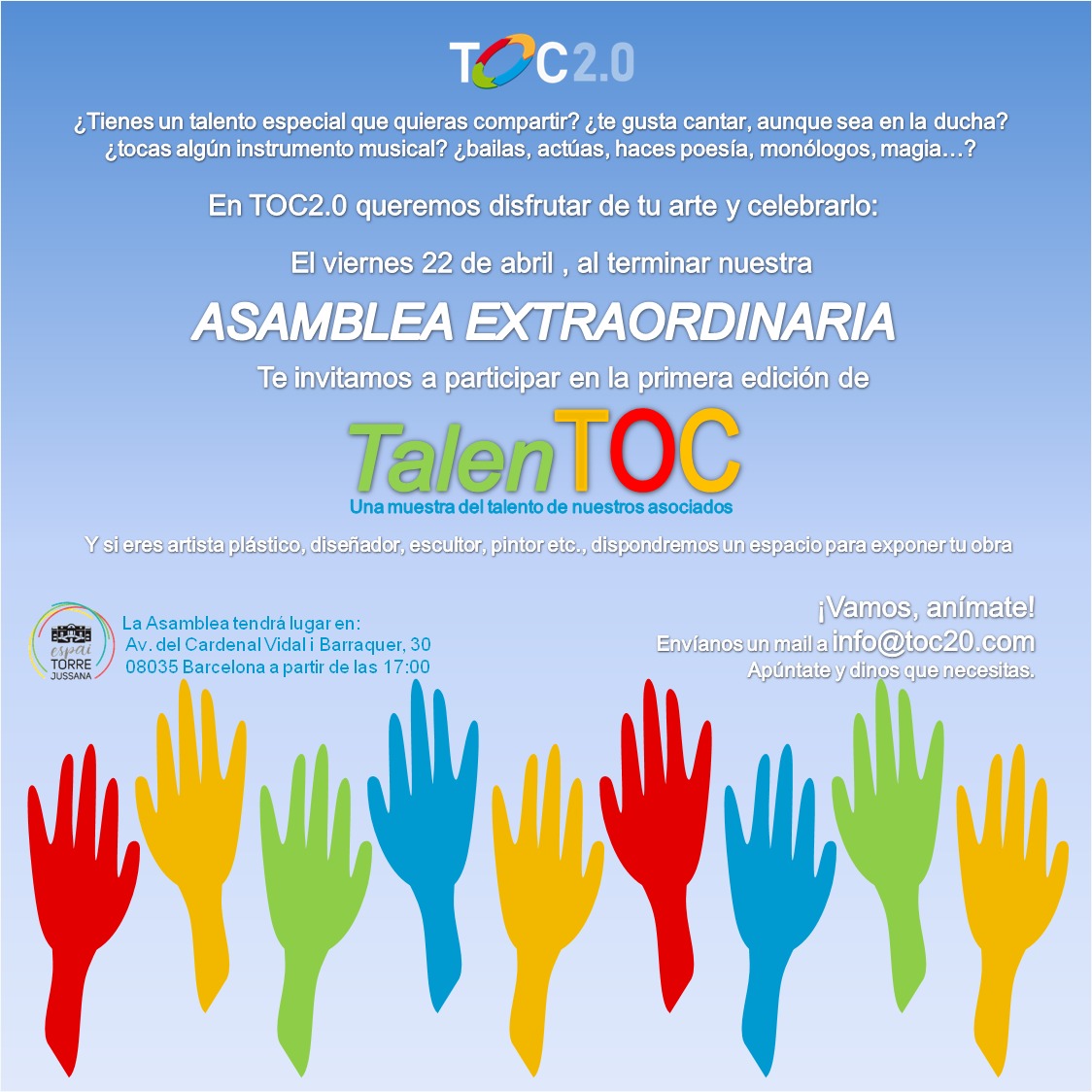 Queridos socios y socias: Os invitamos a participar en la primera edición de #TalenTOC al terminar nuestra #AsambleaExtraordinaria este viernes 22 de abril en el #espaiTorreJussana Más información 👇
