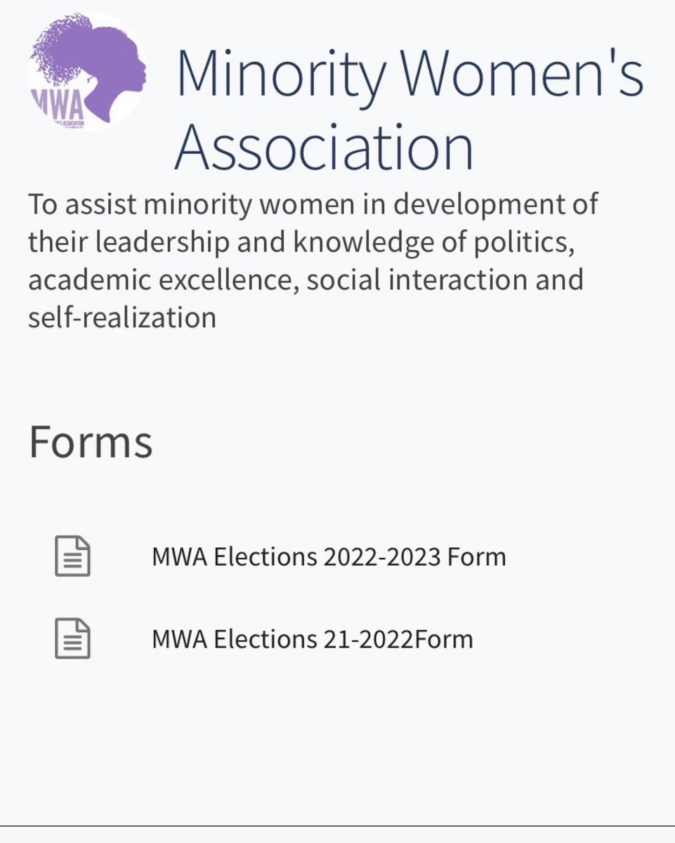 MWA_OSU's tweet photo. Hey everyone, applications are now live! 💜 For information &amp; forms to apply as an MWA 2022-2023 Exec Board please click the link in our bio of our Instagram Page! Forms are located underneath the Minority Women’s Association Page under Forms. 💜🤍 https://t.co/XPzGbxjaqA