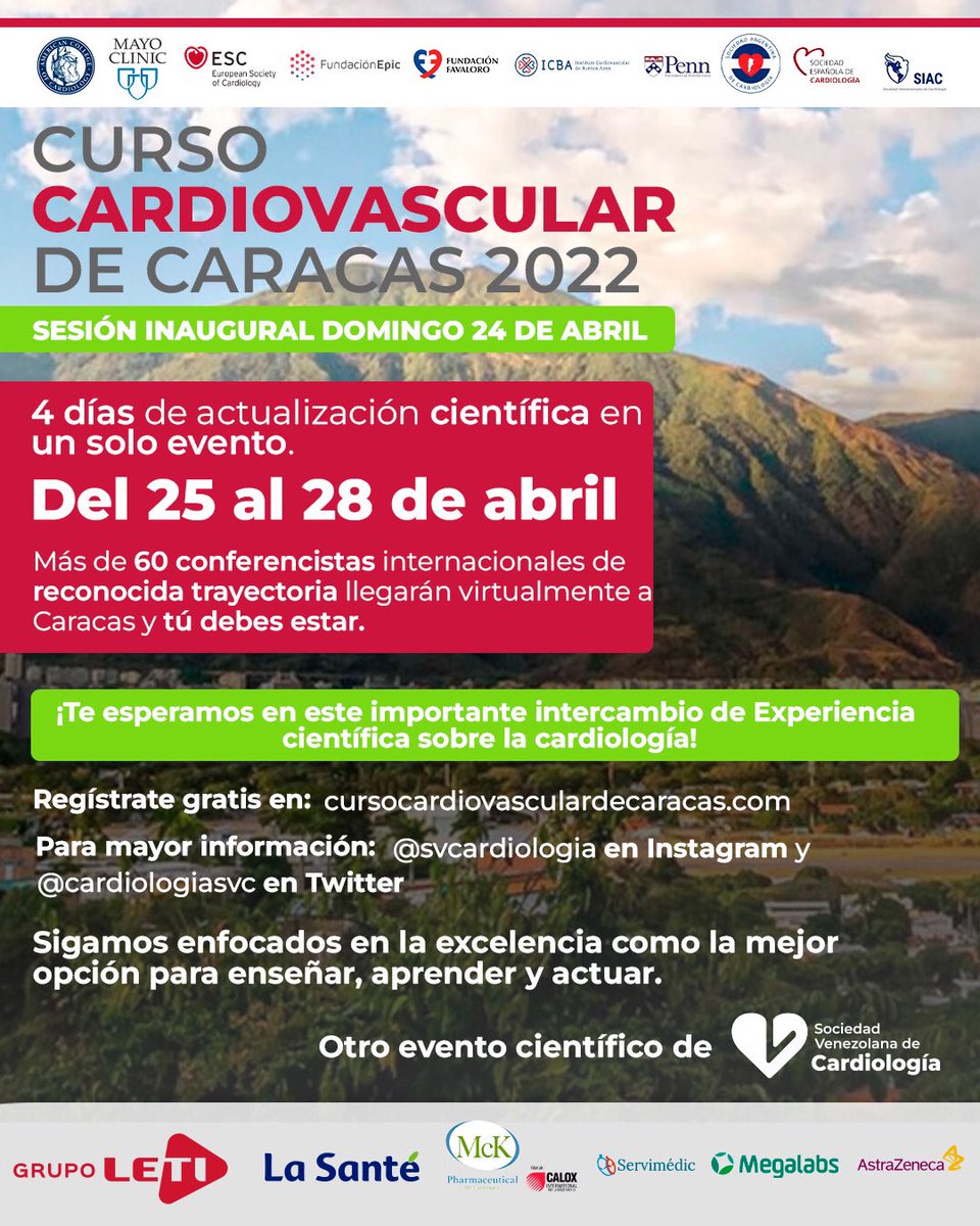 CardiologiaSVC's tweet photo. En este 2022 nos volveremos a encontrar en una nueva edición del Curso Cardiovascular de Caracas, que reunirá a los mejores especialistas en cardiología de Venezuela y el mundo, desde el 25 al 28 de abril. 🩺👨🏽‍⚕️ 

❤️ Regístrese en este link: https://t.co/WEFNDb3o2G https://t.co/yKtmkj3bZ8
