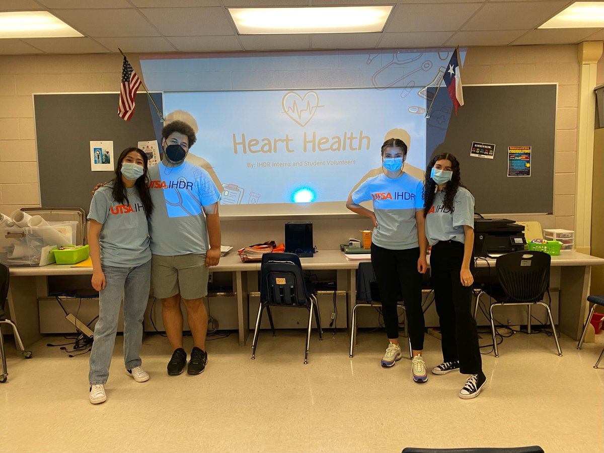 UTSA_IHDR's tweet photo. IHDR interns and student volunteers had a great time presenting about heart health at our local SAISD middle school Health Club meeting this morning! We discussed heart disease, disease prevention and addressed factors that contribute to heart health disparities. https://t.co/1hKrFEKMaA