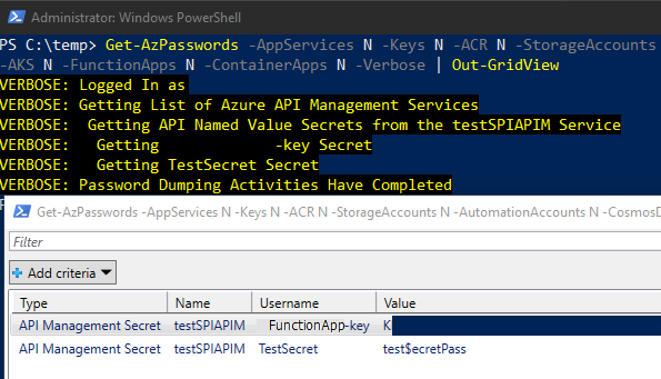 kfosaaen's tweet photo. One update to Get-AzPasswords wasn't enough today, so I also added support for dumping API Management "Named Values". These values can be marked as "Secret" and often include Function App Keys for integrated Function Apps fronted by Azure API Management - https://t.co/MwLNBECoQK https://t.co/puQTYyRvgC