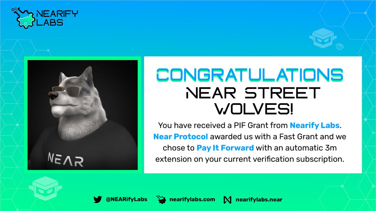 Congrats <a href="/NearWolves/">Near Street Wolves 2.0</a> ! Check your DM's on Twitter for your new extended date and take note of our new payment address.

We forge this $NEAR frontier together! 

<a href="/NEARProtocol/">NEAR Protocol</a> <a href="/NEARNinjazsnipe/">NEARNinjaz</a> #NEARnft #nearnfts