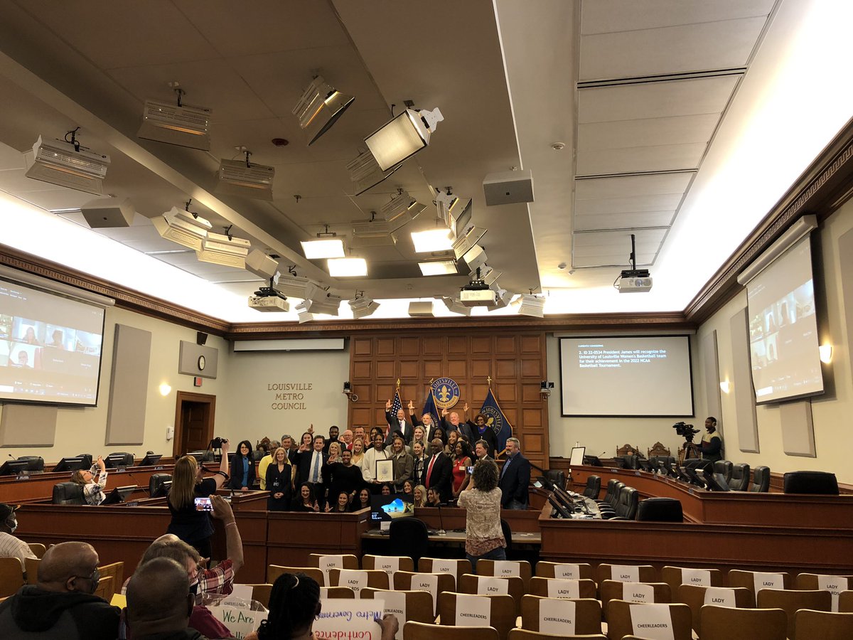 Metro Council honored tonight the <a href="/UofLAllGirl/">Louisville All-Girl</a> cheer team for another national title and the @UofLWBB team for another Final Four appearance.

A reminder that the U of L fans always complaining about football and men’s basketball should maybe pause and appreciate what ya got…