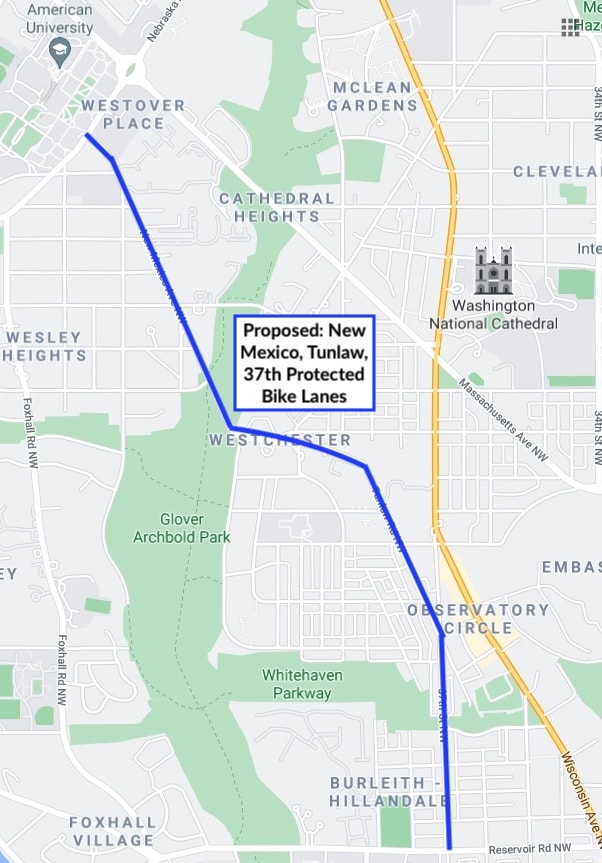 Map of proposed protected bike lanes on New Mexico Ave and Tunlaw Rd NW south of Nebraska Ave NW