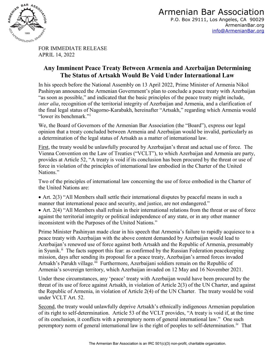 ArmenianBarAssn's tweet photo. Any Imminent Peace Treaty Between Armenia and Azerbaijan Determining The Status of Artsakh Would Be Void Under International Law
#Artsakh #NagornoKarabagh #peacetreaty #Armenia #Azerbaijan
See the full statement: https://t.co/PtUjUpaUIe https://t.co/HxvGIEbedz