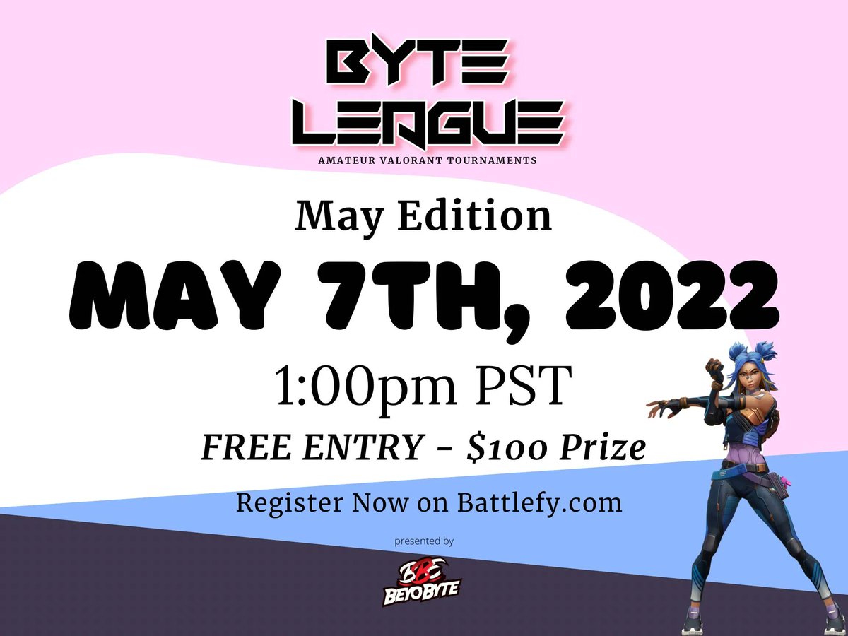 BeyoByte’s 5th Byte League coming soon!!
•
Date: May 7th, 2022
Time: 1pm PST
Free Entry - $100 for first!
•
Link in Bio