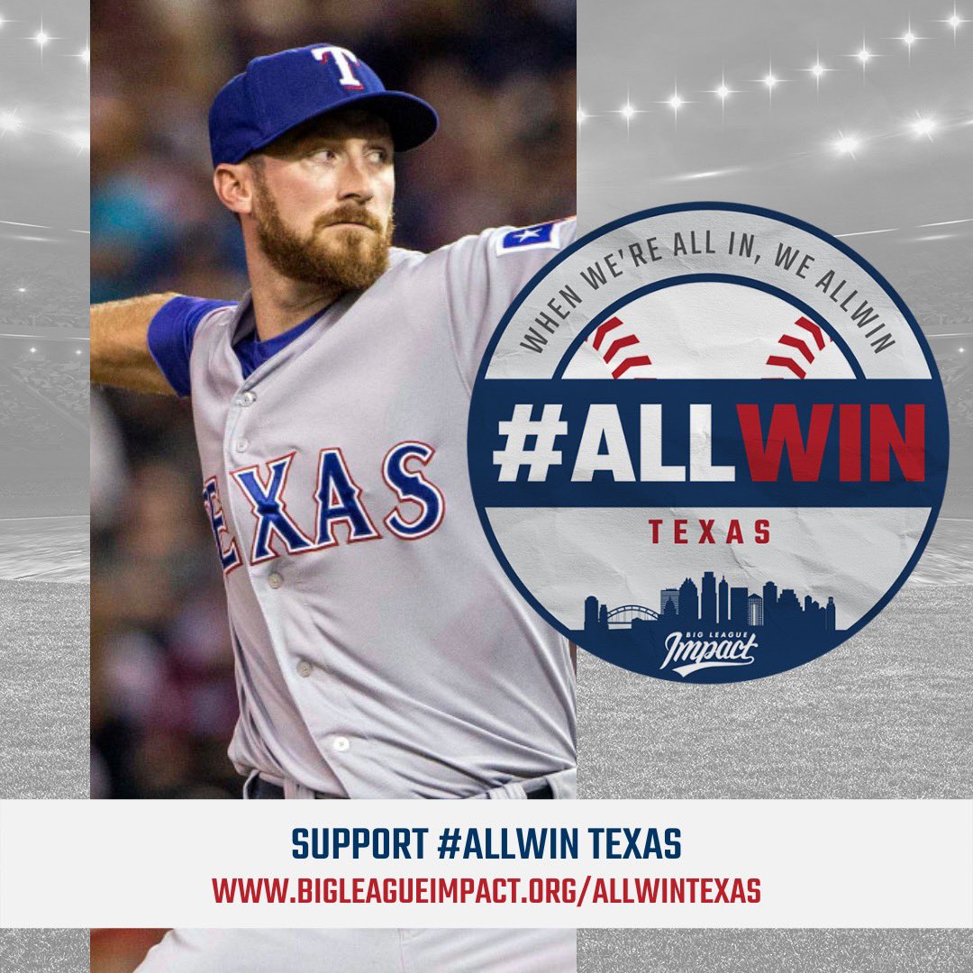 SBPatton's tweet image. I’m thrilled to announce our partnership w/ @BigLeagueImpact for our #PlayToAid strikeout and #AllWin Texas campaigns. Join me in making a pledge to benefit #HearingTheCall for each K and @Rangers win. You can pledge at pledgeit.org/spencer-patton… and pledgeit.org/for/allwintexas