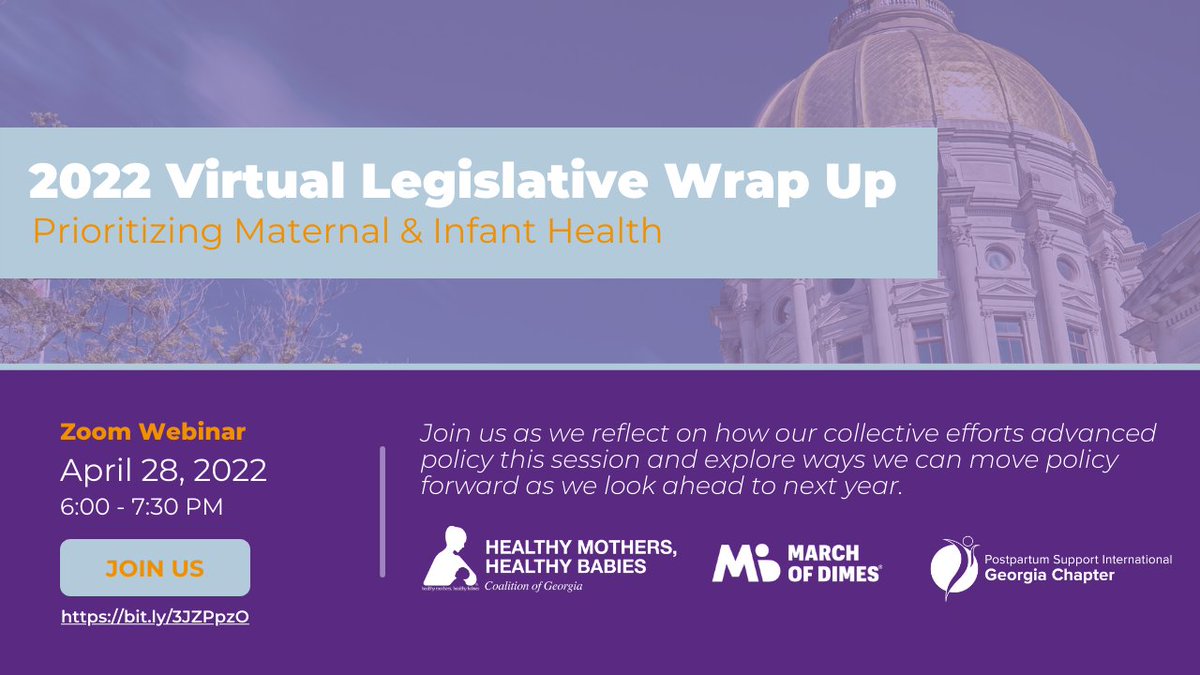 postpartumGA's tweet photo. Join @HMHBGeorgia, @MarchofDimesGA, and @postpartumGA for a joint legislative recap webinar! This is a FREE and virtual event on April 28 from 6:00PM - 7:30PM.

Register at: https://t.co/CQ2lo6sFDJ

#gapol #Y4MH #perinatalmentalhealth #maternalmentalhealth #pmh #mmh https://t.co/AfTZSWLM52