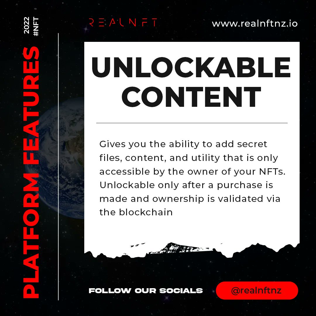 REALNFTNZ's tweet image. Unlockable Content: Add secret files, content and utility that is only accessible by the owner of your NFTs. Unlockable only after a purchase is made and ownership is validated via the blockchain

#UnlockableContent #RealNFT #NFTfeatures