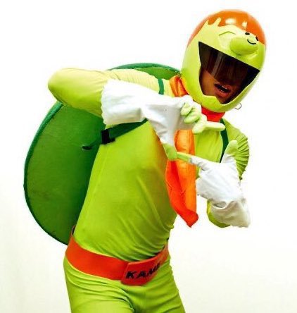 mondomascots's tweet image. Kame Rider, a biker with a turtle for a helmet, is the mascot of South Fukuoka Driving School in Japan.