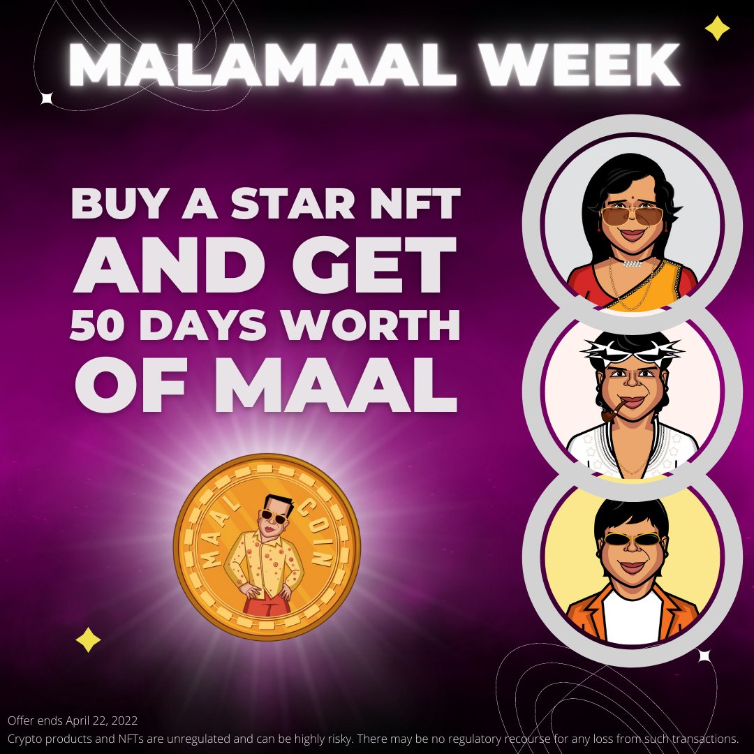 Malamaal Week is Here! 🎉
You are one step away from earning more with your Stars.🤑

Buy Star NFTs from the WazirXNFT.CSS.Club and get 50 $MAAL in addition to $MAAL earned* by those Stars 🪙

#WAGMAAL #MAALCoin #CSSClub #Bollywood #Binance #NFT #NFTCommunity #Malamaal