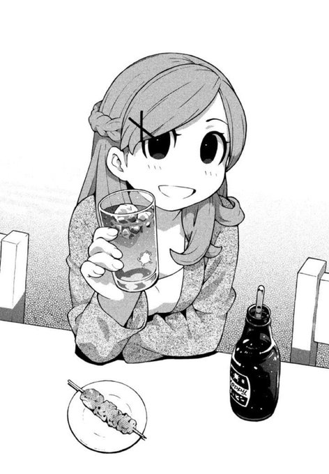 これは #磯丸水産にいそうな女 ではなく、 #四文屋にいそうな女 です。

実際そのつもりで描いた。食べてるのは<そりれす>です。四文屋のそりれすはもちもちで美味い。 