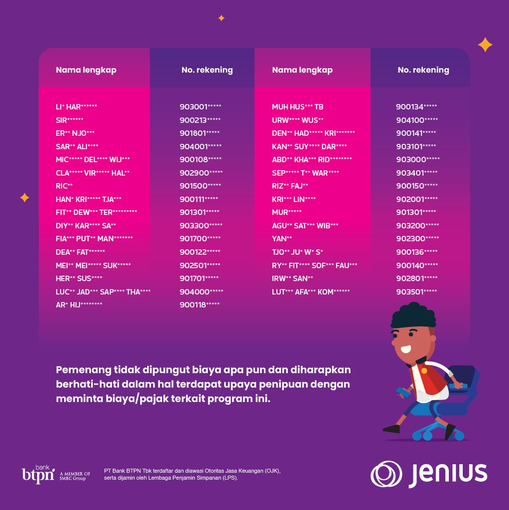 JeniusConnect's tweet photo. Cieee… menang Samsung Z Flip3 5G dari undian kedua #PUNDIJenius. Selamat ya! 🥳
Buat para pemenang, segera kunjungi https://t.co/iseUHzYDsG untuk informasi proses selanjutnya.

Belum beruntung? Tenang, masih ada undian bulan Mei nanti~ Yuk, tingkatkan saldo rata-ratamu! https://t.co/5fy0Dlkn3S