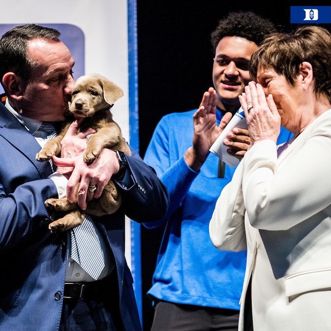 Duke Blue Devils gift Coach K with a puppy