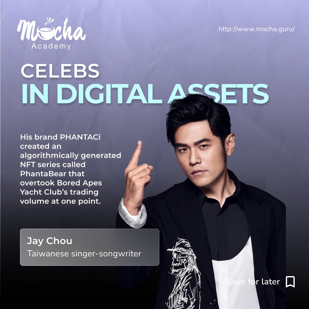 mochaacademy's tweet photo. Jay Chou
His brand PHANTACi created an algorithmically generated #NFT series called PhantaBear that overtook Bored Apes Yacht Club’s trading volume at one point.
#cryptocurrencyeducation #cryptocurrency #crypto #cryptocurrencynews #cryptocurrencytrading #cryptocurrencyexchange https://t.co/2pB2Mu2Cgv
