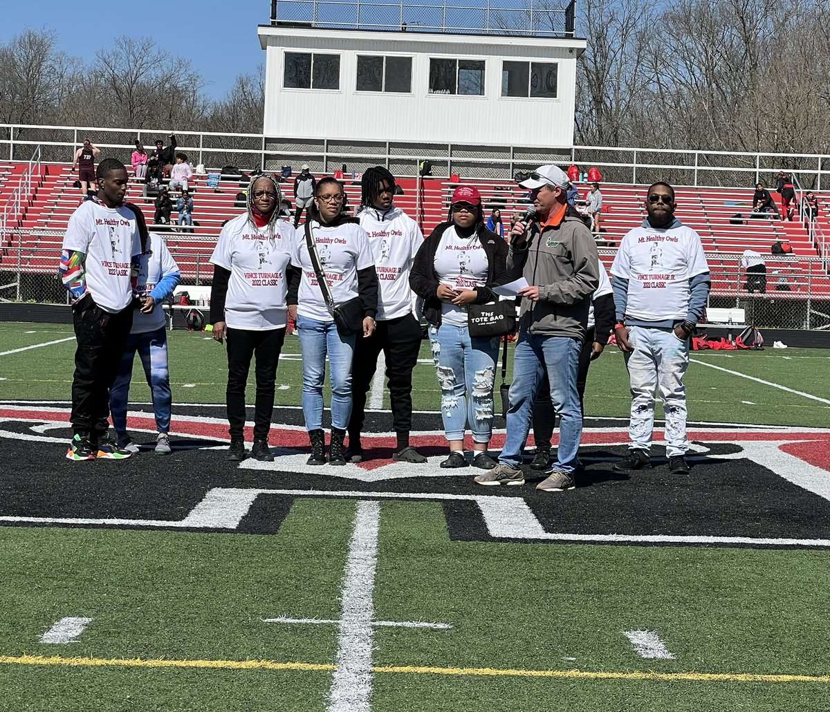 mthealthyowls's tweet photo. Tonight we dedicated and renamed our track meet in honor and memory of former track standout: Vince Turnage Jr. c/o 2012.  4/14/22 First Annual Mt Healthy Owls Vince Turnage Classic. Thank you to his HS coach Craig Eckstein for your kind words! @MikeDyer @SWOSportsDaily https://t.co/Krny1gXWM9