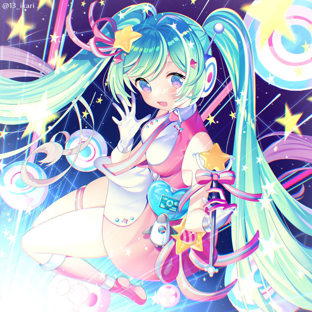 hatsune miku ,magical mirai miku 1girl star (symbol) radio antenna solo twintails long hair gloves  illustration images