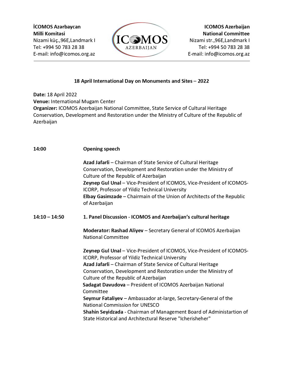 icomosaz's tweet photo. Detailed agenda of forum for 18 April-International Day for Monuments and Sites
#18April #ICOMOS #IDMS2022 #icomosIDMS2022 #climatejustice #heritage4climate https://t.co/VzjQKHD8Ho