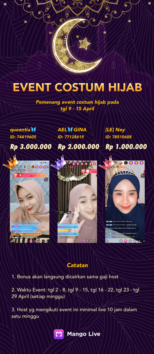 mangolive_01's tweet photo. #eventbonus This week's most beautiful #hijab girls get event bonuses, if you want to be like them, please join #mango live to show your talent.
📲📲📲Mango live https://t.co/5FMhPC8R95