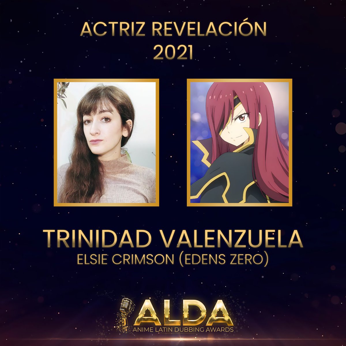 alda_awards's tweet photo. ⭐️Actriz Revelación 2021✨

🔶Trinidad Valenzuela🔶

Personajes: 
🔸Elsie Crimson - Edens Zero 

#Doblaje #Anime #voiceactress #ALDA2022 https://t.co/u1M7veXPkN