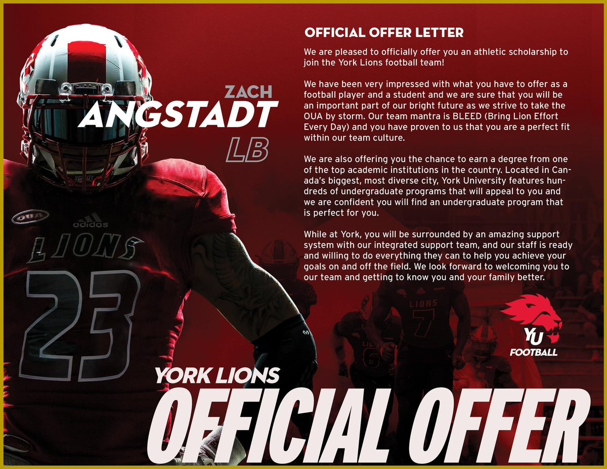 AngstadtZach's tweet photo. After a great conversation with @coachokpro I am blessed to announce that I have received my first @USPORTS_FB scholarship offer from the @YULionsFootball!! https://t.co/yliG9AQiwN