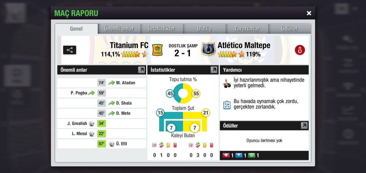⚪Elite Titans League 8'inci tur karşılaşmaları tamamlandı. Bu turda <a href="/Titanium__FC/">Titanium FC</a> deplasmanına giden lacivert-siyahlı ekibimiz, sahadan 2-1'lik mağlubiyet ile ayrıldı. Rakibimizi ve takımımızı kutluyoruz. 
🟦⬛#GoMaltepeGo #TopEleven3D <a href="/TopElevenElites/">Top Eleven Elites</a>