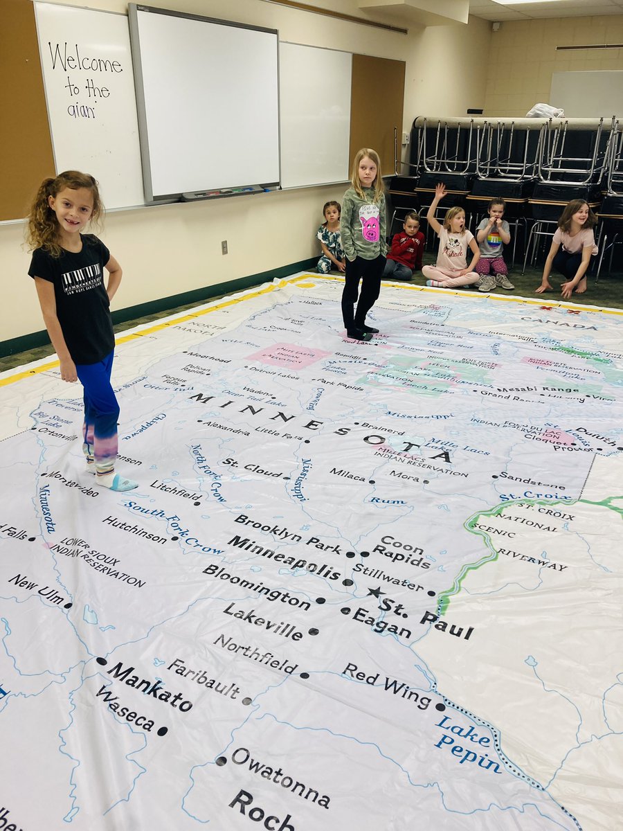 mrsphillippo's tweet photo. Today we visited the "Giant Minnesota Map" and practiced our skills identifying key map features, using cardinal directions to identify where things are in relation to each other, and playing "Simon Says"! #NPpride #SLPPantherPride https://t.co/lr8Y7yAwvK