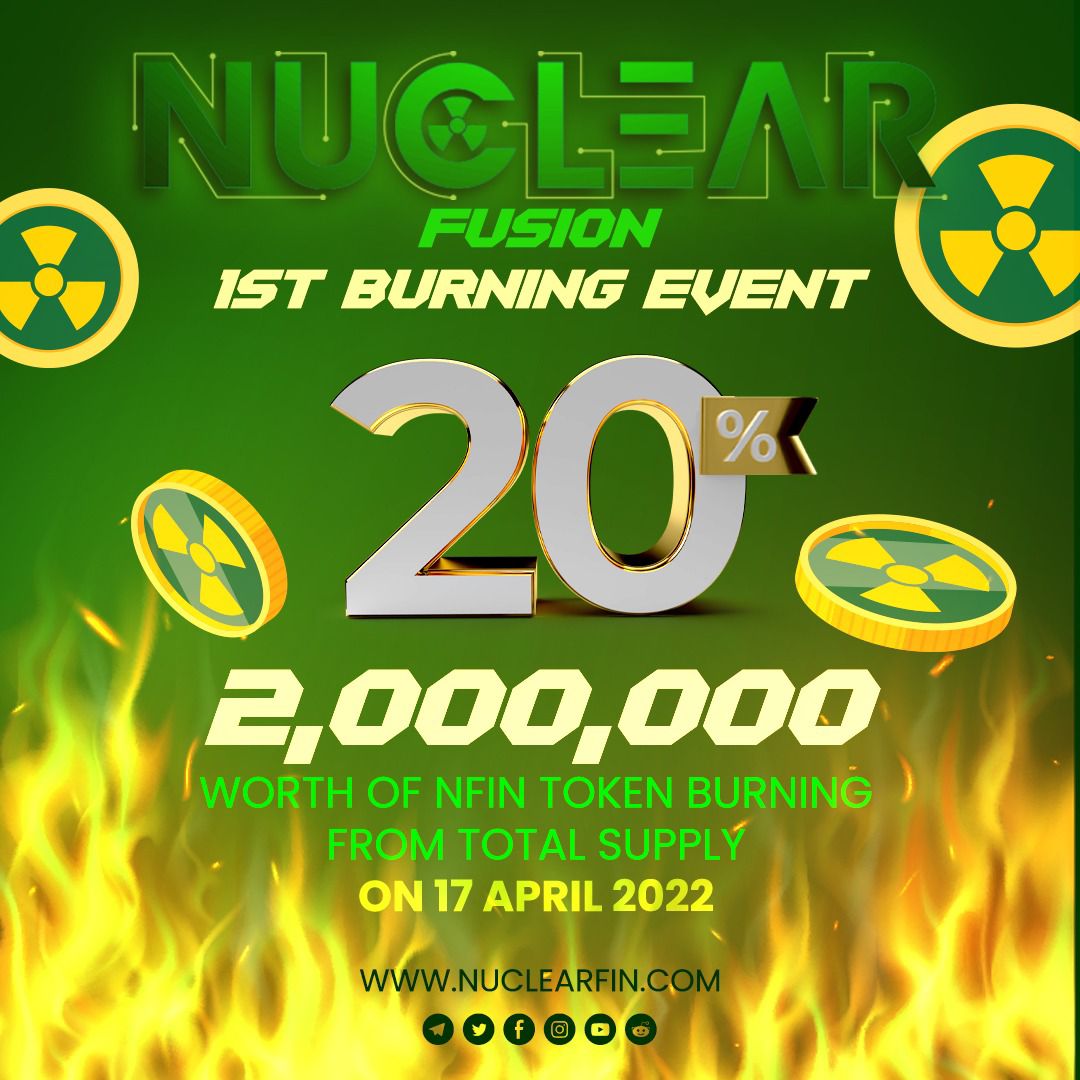 NuclearFin's tweet image. April 17th 20% of Total Supply Burning (2,000,000 Tokens)

Pancake swap launch &amp;amp; Immediately 20% Of Total Supply Burning 🔥

🌐 PinkSale Fair Launch - pinksale.finance/#/launchpad/0x…
( April 16th 14.30 UTC )
