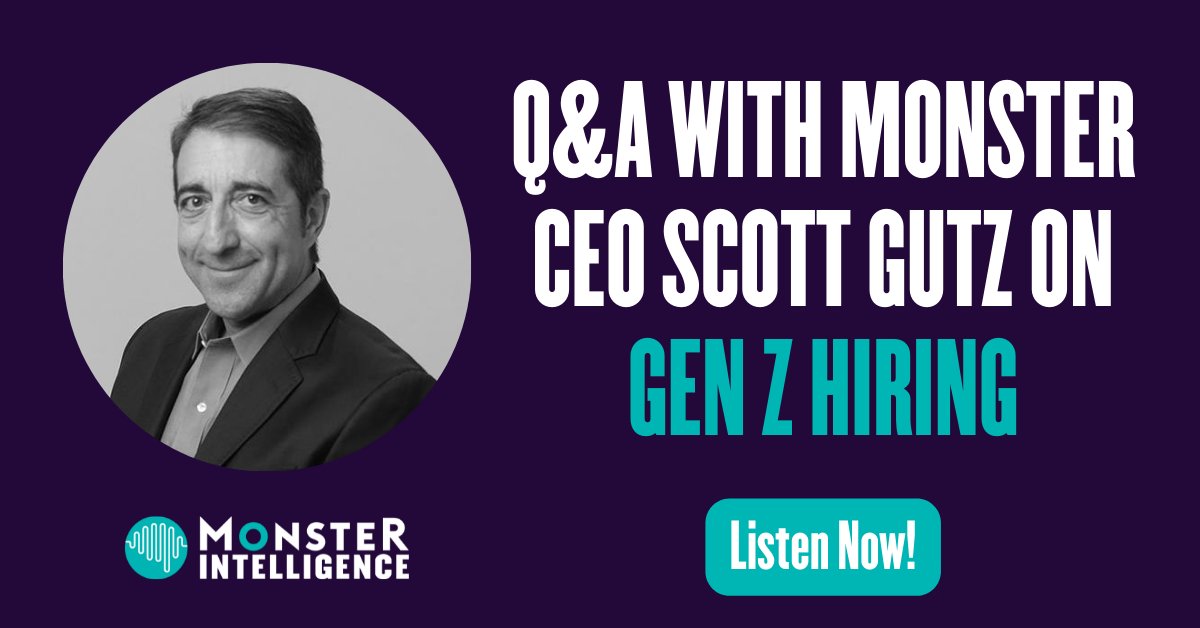 MonsterHiring's tweet photo. The latest episode of the #MonsterIntelligence podcast is out now and features @Monster's CEO Scott Gutz. Listen now for his thoughts on our Gen Z survey results and find out what employers can do to help attract the #emergingworkforce: https://t.co/6pstWbTUO7 https://t.co/QSL3tsqsHa