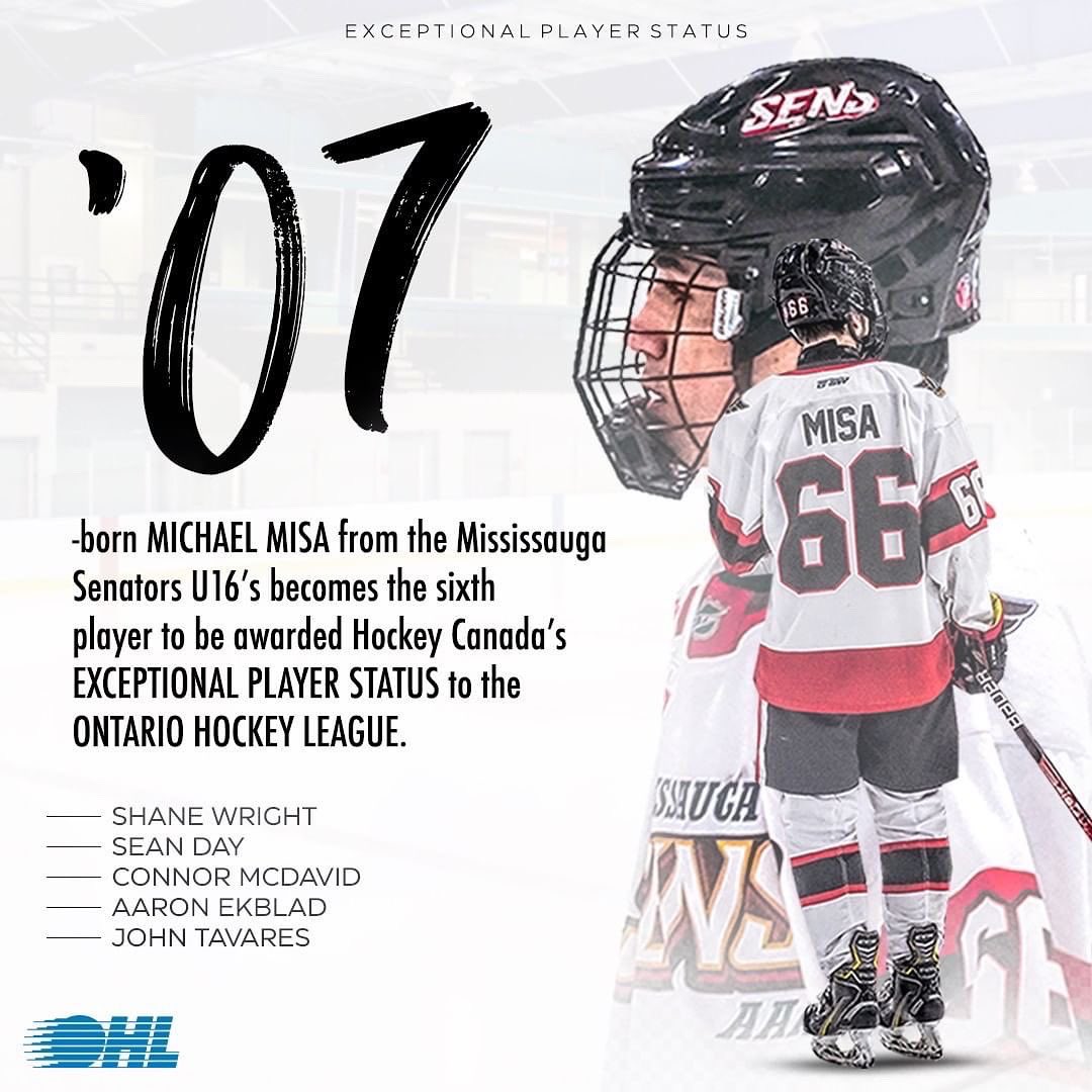 Congratulations to Michael Misa of the <a href="/GTHL_Senators/">Mississauga Senators</a> on being granted exceptional player status by <a href="/HockeyCanada/">Hockey Canada</a>, making him eligible for the 2022 #OHLDraft!

Michael was a standout at the 2018 HHOF Future Legends event for Team Lemieux! 👏

#ohl #hhoffuturelegends #nhl