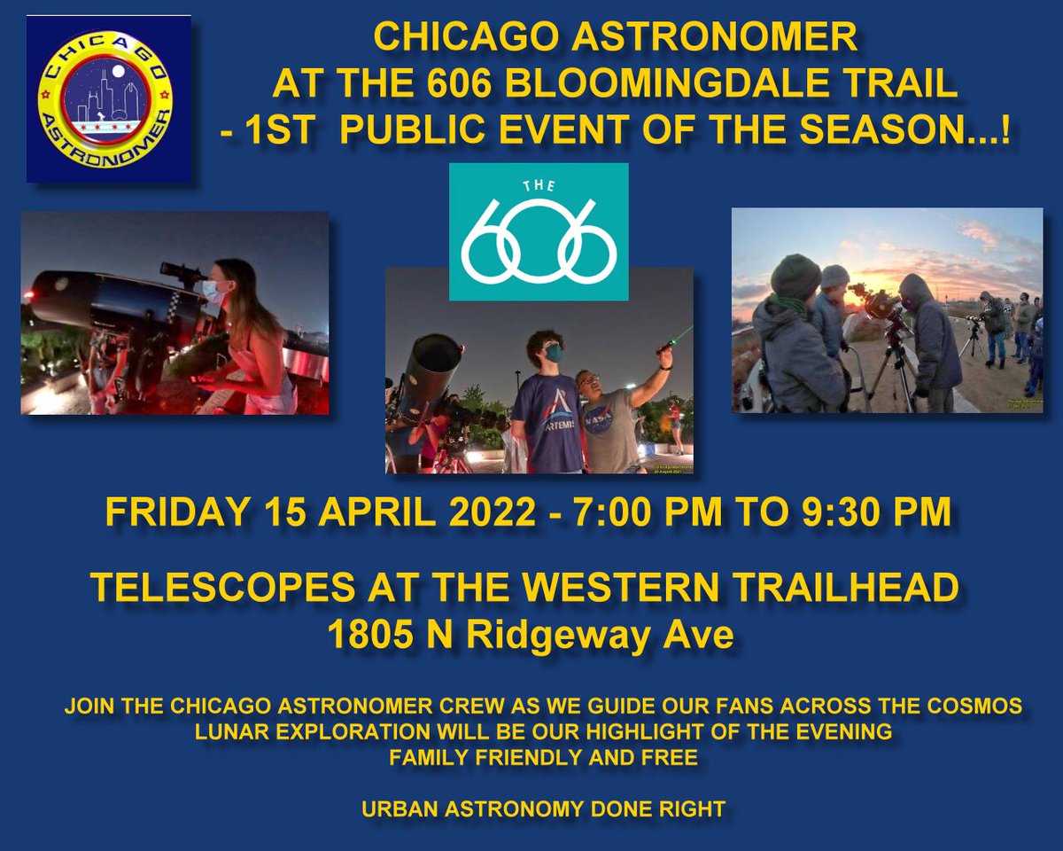 Don’t forget to join the <a href="/ChicagoParks/">Chicago ParkDistrict</a> and the Chicago Astronomer team on Friday, April 15th for our first public urban astronomy event of 2022 🔭🌕🪐

1805 N Ridgeway, at The Bloomingdale Trail Western Trailhead