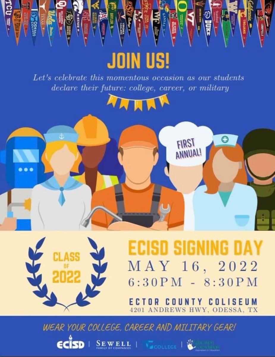 PERMIAN PARENTS..Please encourage your SENIOR to attend this ECISD SENIOR CELEBRATION. We are celebrating ALL SENIORS whether their College Bound, Workforce/Career, or Military!! Students can complete the registration form located on the Class of 2022 Schoology!!