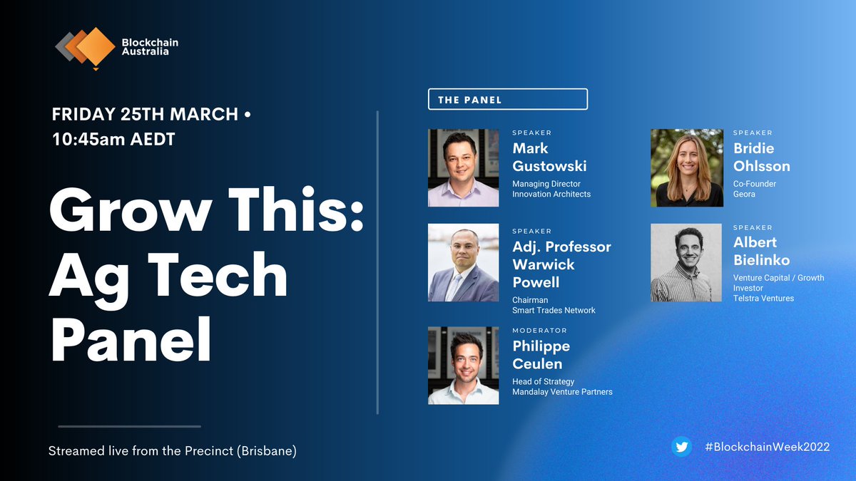 BLOCKCHAIN WEEK REPLAY ⏮

10:45am - Grow This: Ag Tech Panel with @mafesto, <a href="/BridieOhlsson/">Bridie Ohlsson</a>, <a href="/baoshaoshan/">Warwick Powell | 鲍韶山</a>, <a href="/bielinko/">Albert Bielinko - Partner, Titanium Ventures</a> &amp; Philippe Ceulen

Premiering NOW > bit.ly/3jCT4Il