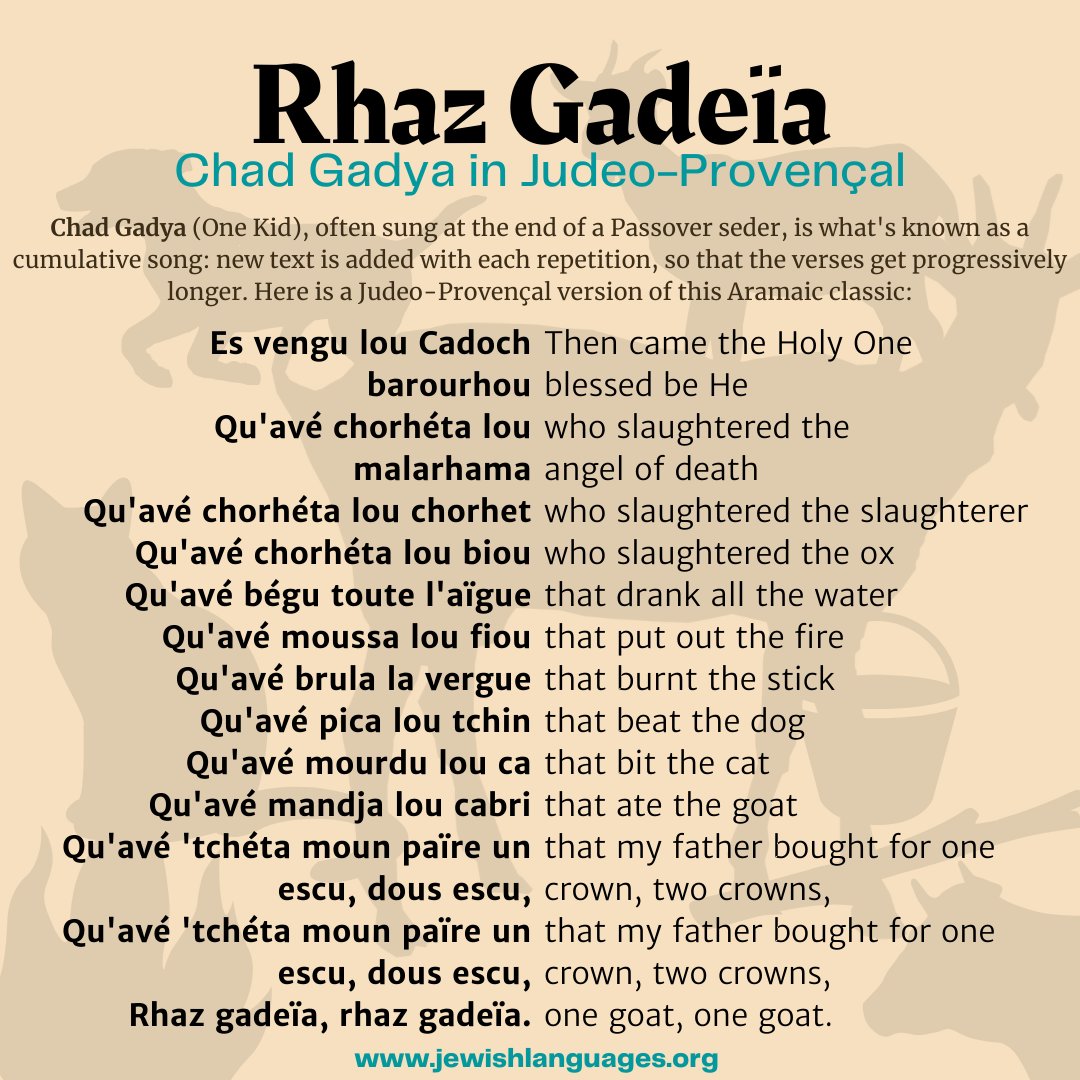JewishLanguages's tweet image. Sharing again for the evening crowd: Meet &quot;Rhaz Gadeïa,&quot; or the #Passover song &quot;Chad Chadya&quot;🐐 in the #endangeredlanguage of Judeo-Provençal.
@bechollashon @wikitongues @jewlearn @SefariaProject @jewish_studies @yivoinstitute