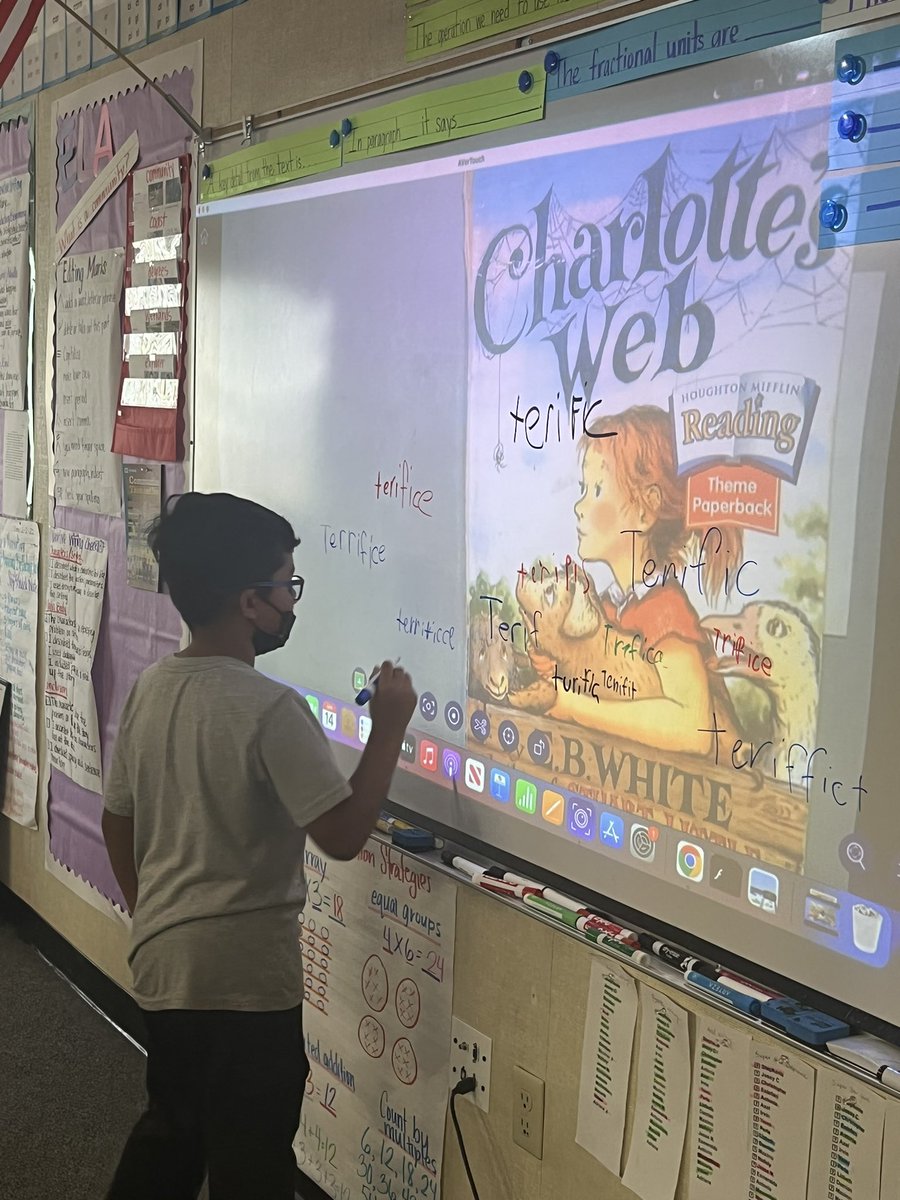 We are in the part where Charlotte wants to write TERRIFIC on her spider web to save Wilbur. Students were trying to save Wilbur by helping her spell it 😂