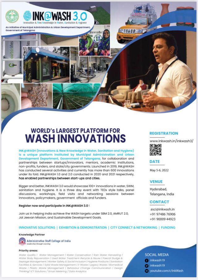 malinireddy's tweet photo. Attend inkwash to meet, interact and see exhibits by 100+ innovators in Water, Sanitation &amp; Hygiene. May 5-6 at Hyderabad. Register now : https://t.co/VrJQyg6AVT sayan@asci.org.in
@IASfraternity   @IASassociation @Alumni_LBSNAA 
@Chary_VSC 
@InkWash19 
@CivilserviceInd https://t.co/z0wwkzPRfo