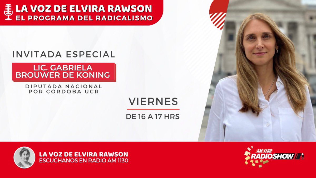 #Entrevista #Exclusiva <a href="/GabrielaBrouwer/">Gabriela Brouwer de Koning</a> Dip.Nacional por Córdoba <a href="/UCRCBA/">UCR Córdoba</a>  Hablamos de todo ✅! No te lo pierdas !! 🇮🇩con la conducción de <a href="/rogodoy86/">Rocío Godoy</a> 👉 📻am1130.com.ar Viernes, 16 ⏰horas <a href="/UCRNacional/">Unión Cívica Radical</a> <a href="/GerardoMorales/">Gerardo Morales</a> <a href="/marioraulnegri/">Mario Raúl Negri</a> <a href="/rodrigodeloredo/">Rodrigo de Loredo</a> <a href="/diputadosucr/">Bloque de Diputados UCR</a>