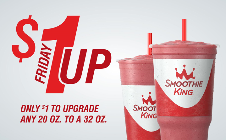 SmoothieKingGP's tweet photo. WHAT A DEAL!  Upgrade your 20oz. smoothie to a 32oz. smoothie for only $1!!!  Only on Fridays!!! #smoothie #healthy https://t.co/goCX1TDclU