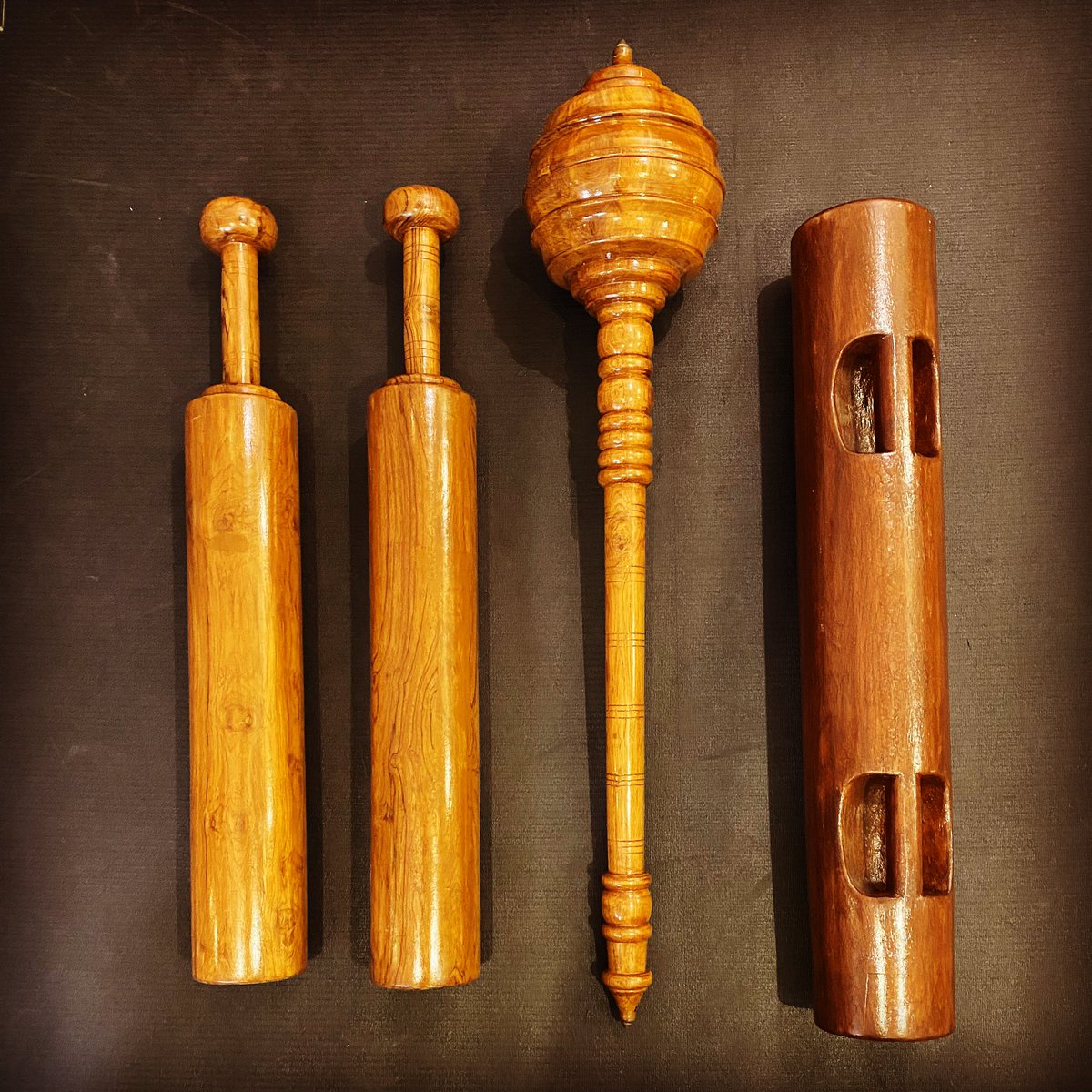 My new traditional Indian exercise tools:
* pair of 6 kg/13 lbs mudgals
* 5 kg/11 lbs mace gada गदा 
* 10 kg sumtola