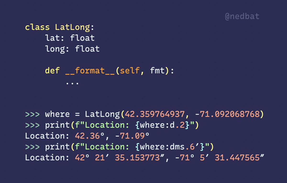 nedbat's tweet photo. Python objects can define their own formatting mini-languages for f-strings by defining __format__.  Full details: https://t.co/HBKkVopJ5d https://t.co/uLOhAngTqh