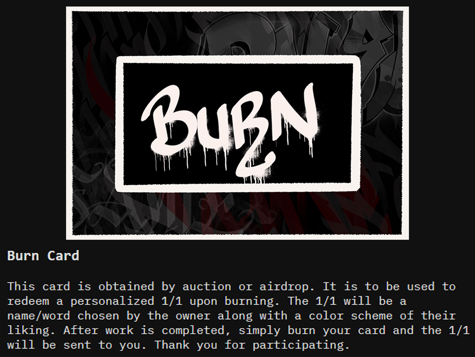 dereknft's tweet photo. Time for the 4th Burn Card! All you need to do is throw an offer at it and 1 random offer will be accepted! Can be any amount you desire! 

Winning offer selected on 17 April @ 10PM EST.

Make offers @ https://t.co/FJL35pg4Sp on @objktcom  

♥️'s/🔁's appreciated! https://t.co/y1IjLjm2uH