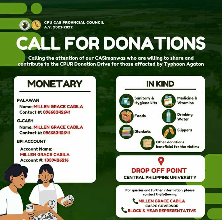 TreeNeeeTEE's tweet image. The College of Arts and Sciences Provincial Council together with several organizations of CPU, also opened a donation drive. Any amount of monetary donation, and/or in kind donations are highly appreciated. 

#IloiloNeedsHelp #CapizNeedsHelp #AgatonPH