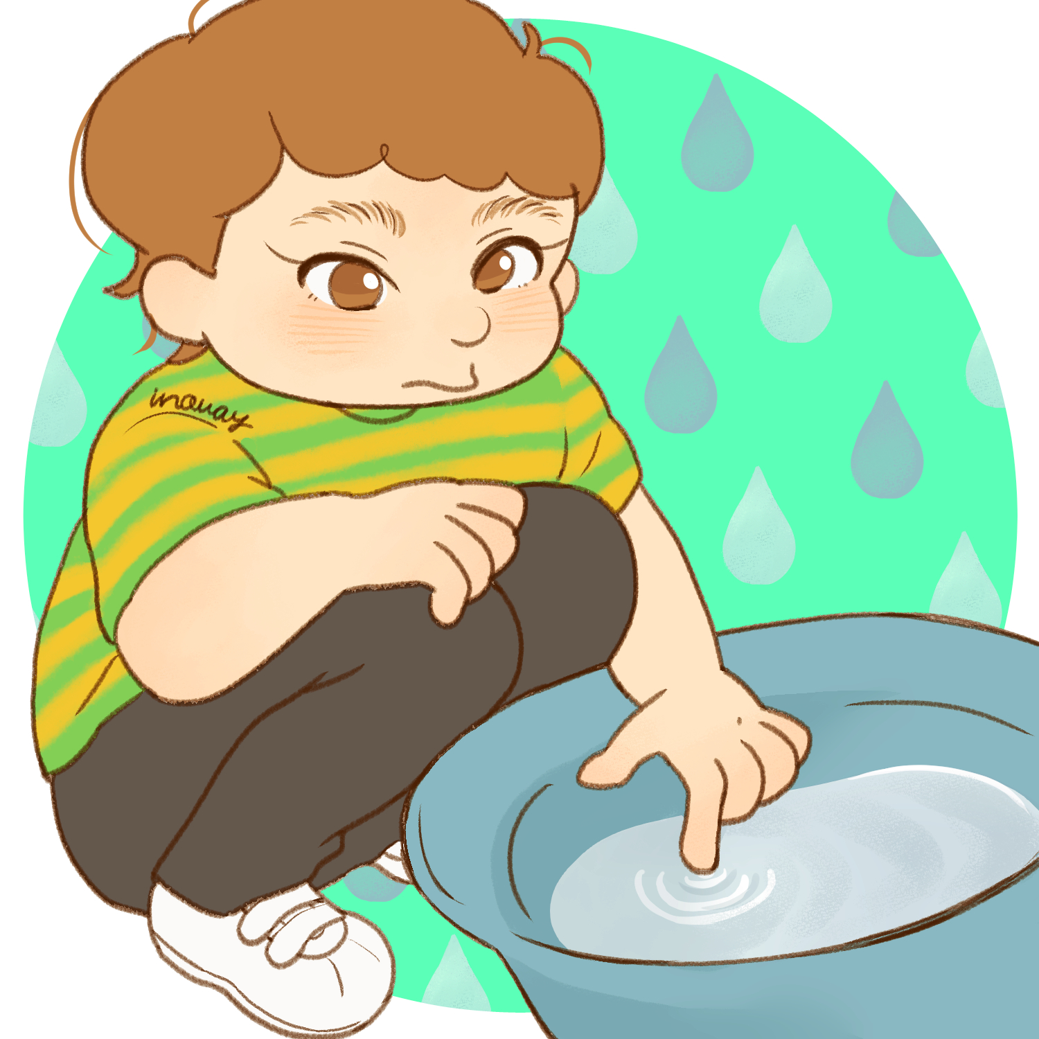 いのうえかなこ イラストレーター 雨上がりの戸外遊び たらいに溜まった雨水をちょんと触って楽しそう 雨上がり 戸外遊び 雨の日保育 保育士 保育 乳児 幼児 １歳児 ２歳児 ３歳児 保育学生 子どものイラスト 保育のイラスト T