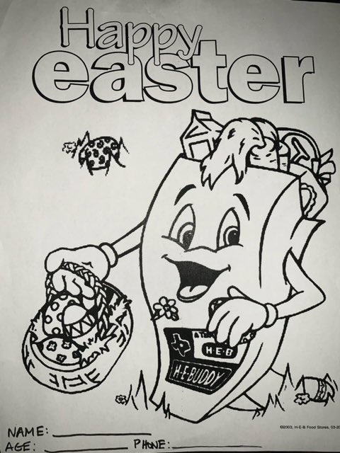 Bunny on the shelf at your local H-E-B!
Our partner, H-E-B, invites you to participate in this cool coloring contest! 
Color the page, turn in to Lake Colony H-E-B Customer Service by 4/15 for your chance to win super cool prizes!
Be sure to include your parent's contact info
