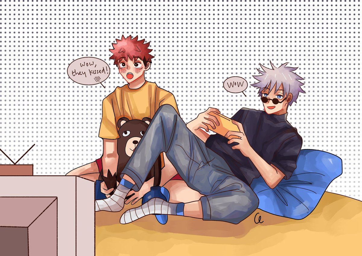 satsetwow's tweet photo. Yuuji and gojo-sensei watch a movie together! 🥰 #五悠 #goyuu #jujutsukaisen #fanart #jjkfanart https://t.co/pGS3jTG5vQ